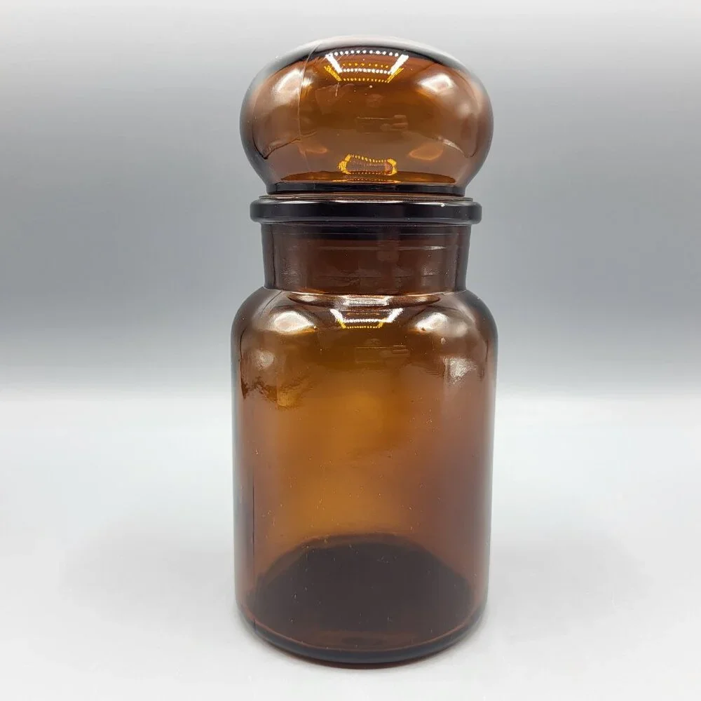 Vintage Amber Brown Glass Apothecary Jar With Bubble Lid Made In Belgium